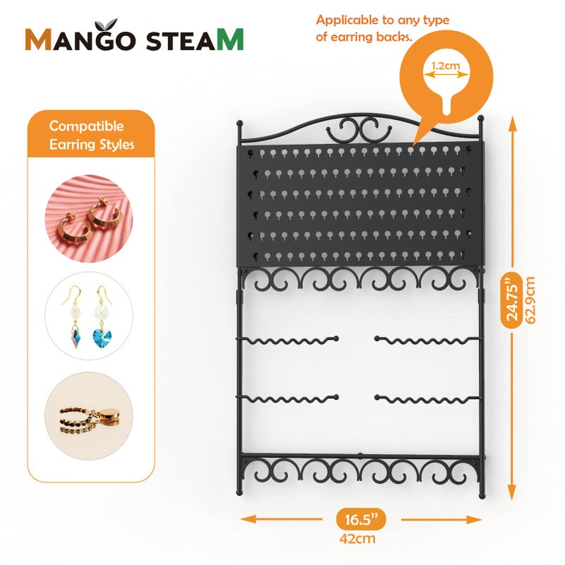Mango Steam Deluxe Wall Mounted Closet/Wardrobe Display Hanger Organizer for Jewelry & Earrings With Hooks & Bar for Necklaces, Bracelets, Accessories - Black - Image 4